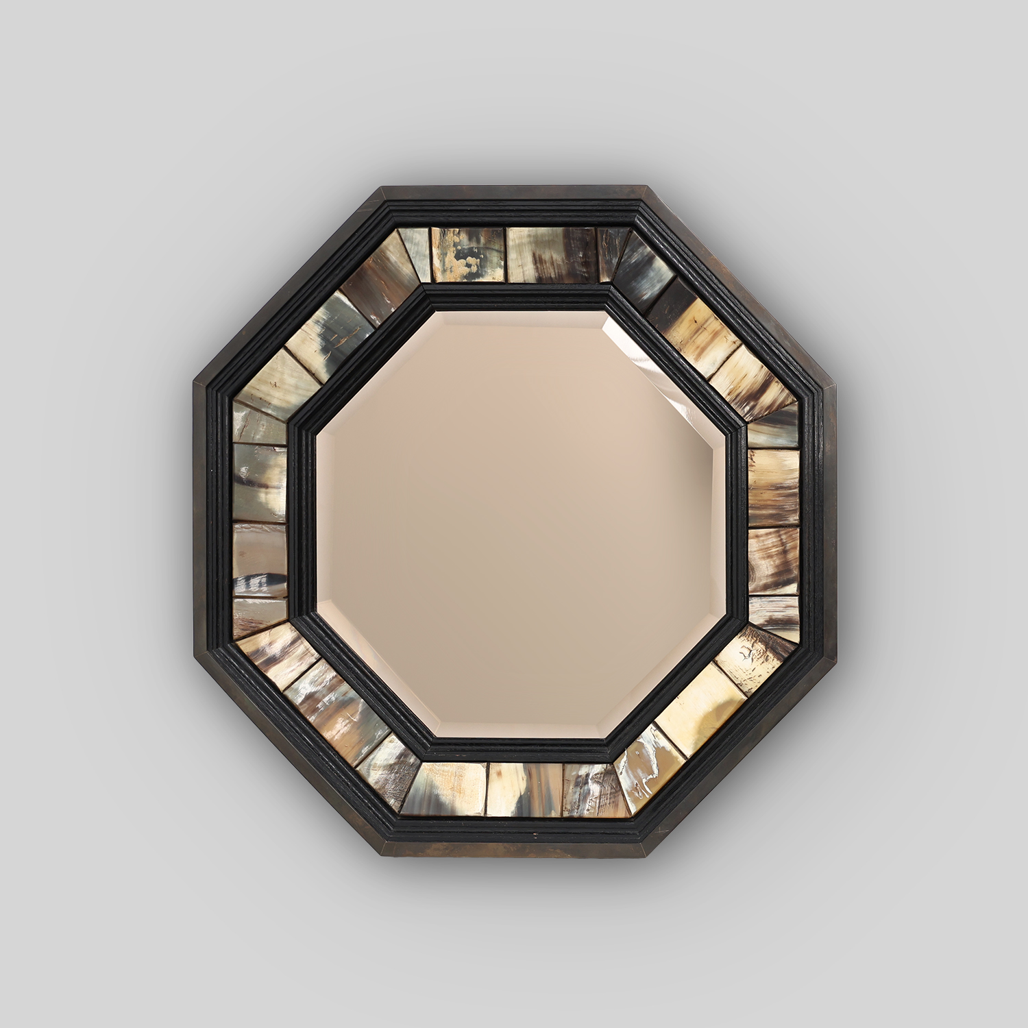 Brass and horn octagonal mirror with horn by Anthony Redmile, UK ca. 1980-img